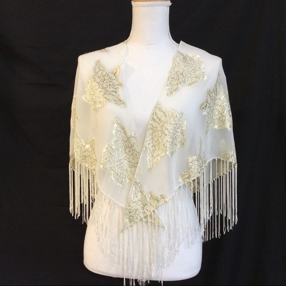 New sparkly gold on white Silk Shawl with Fringe bridal mother of Bride scarf